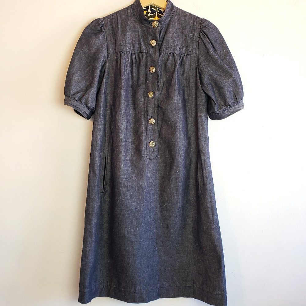Shoshanna Navy Puff-Sleeve Mini Dress with Gold Buttons